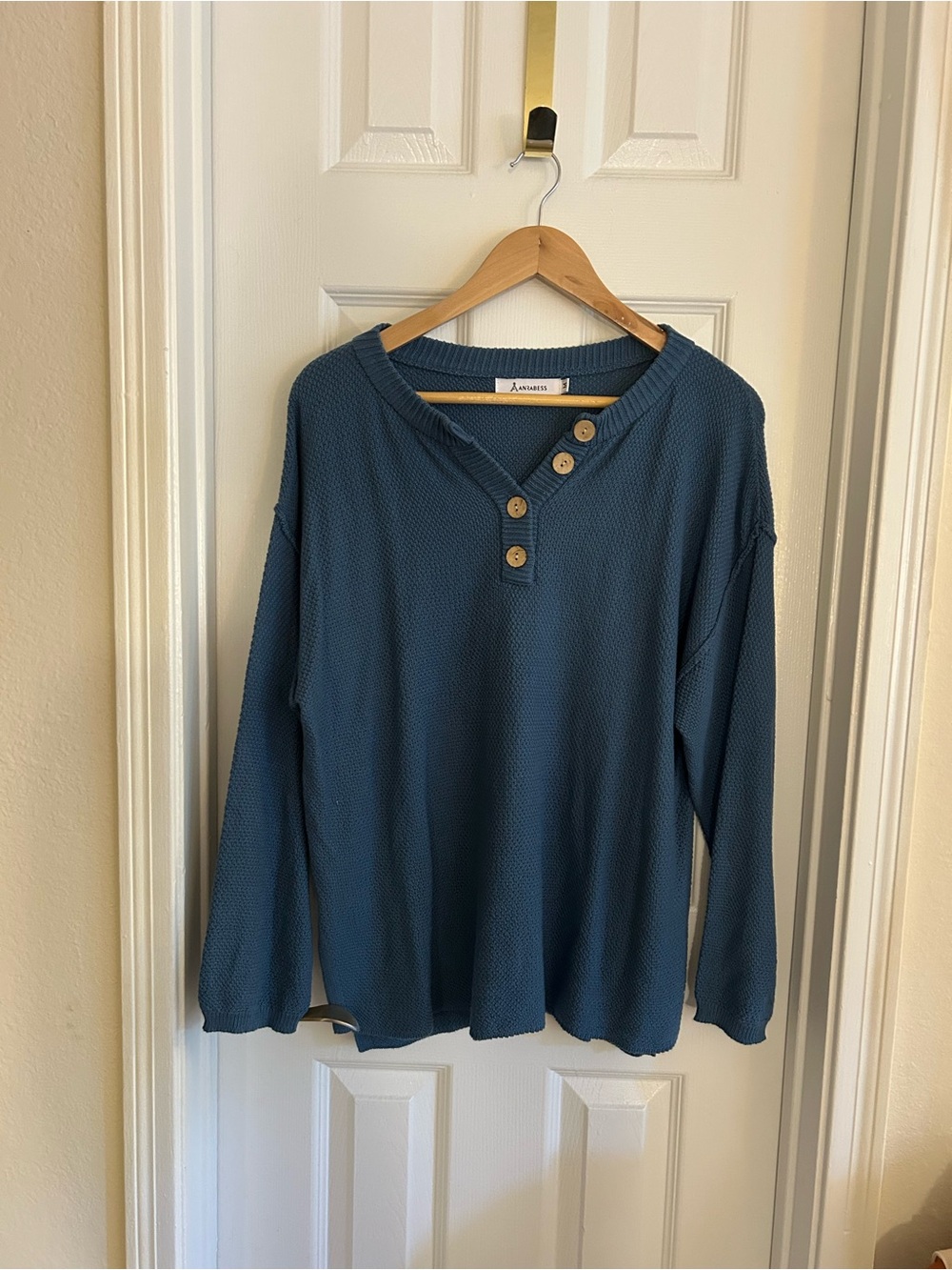 ANRABESS Teal Blue Waffle Knit Henley with Wooden Buttons